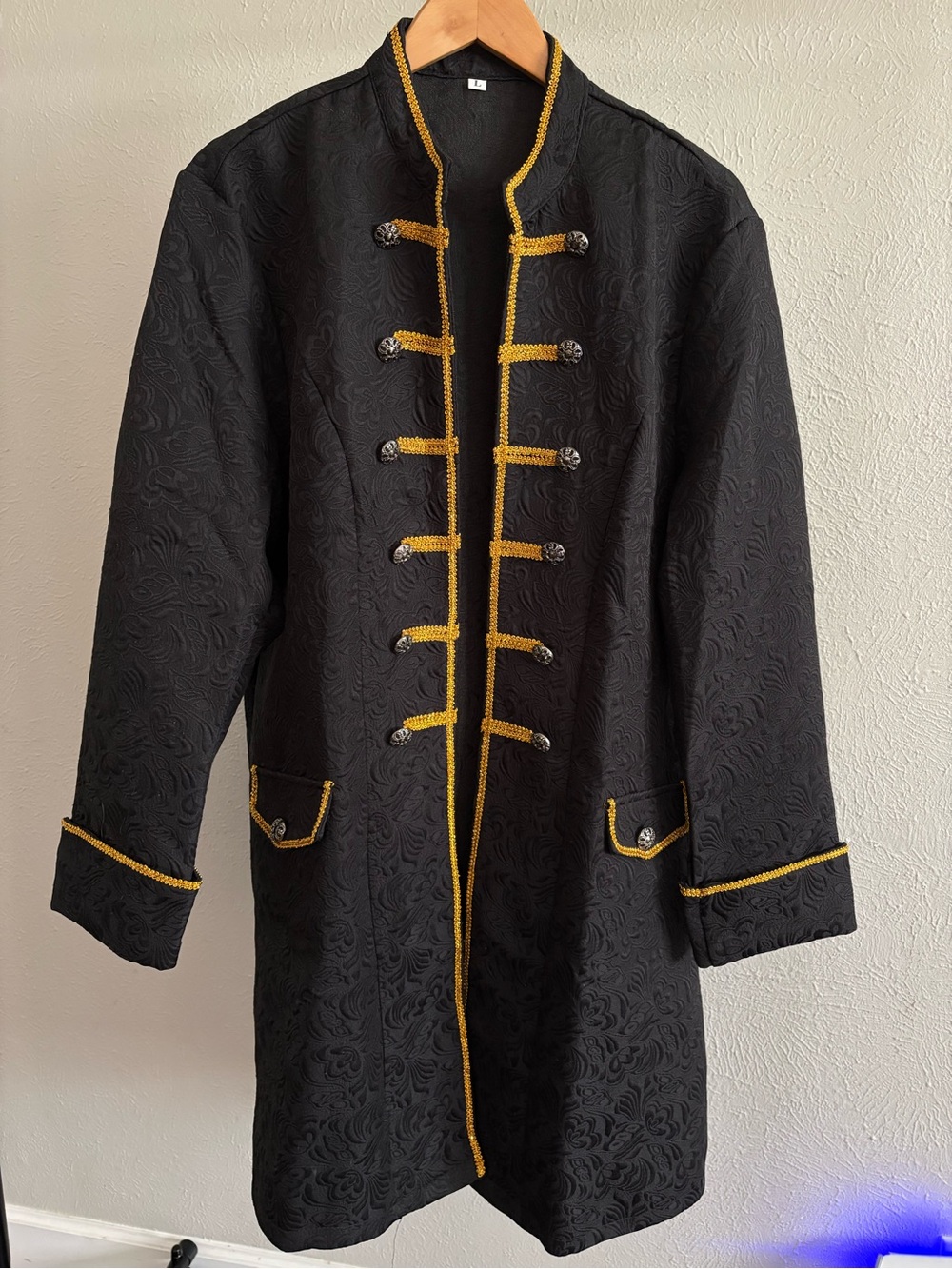 Black Brocade Pirate Gothic Victorian Coat, Sz-L
